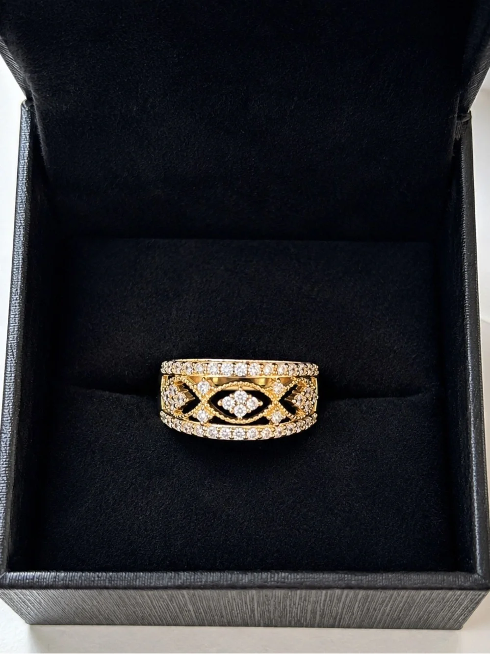 Diamonique Gold Tone CZ Openwork Statement Ring Size 7 NIB Designer New Jewelry